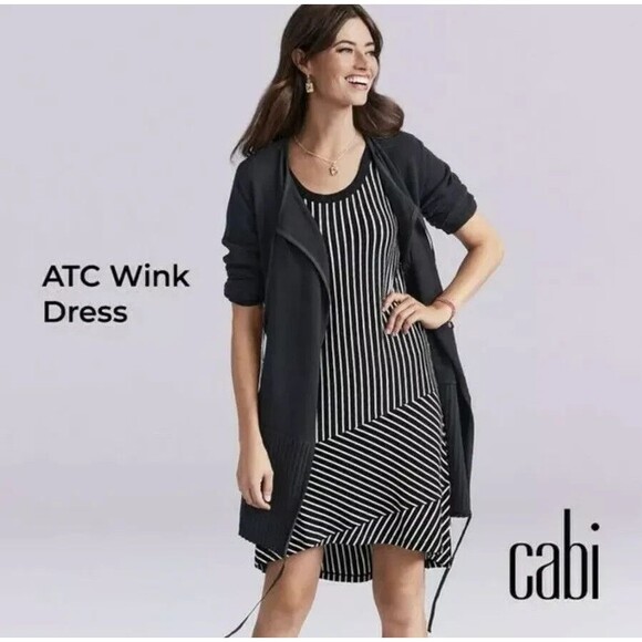 Cabi #5946 Black/White Mixed Stripe "ATC Wink Dress" Sleeveless Knee Length SZ M - Picture 1 of 10